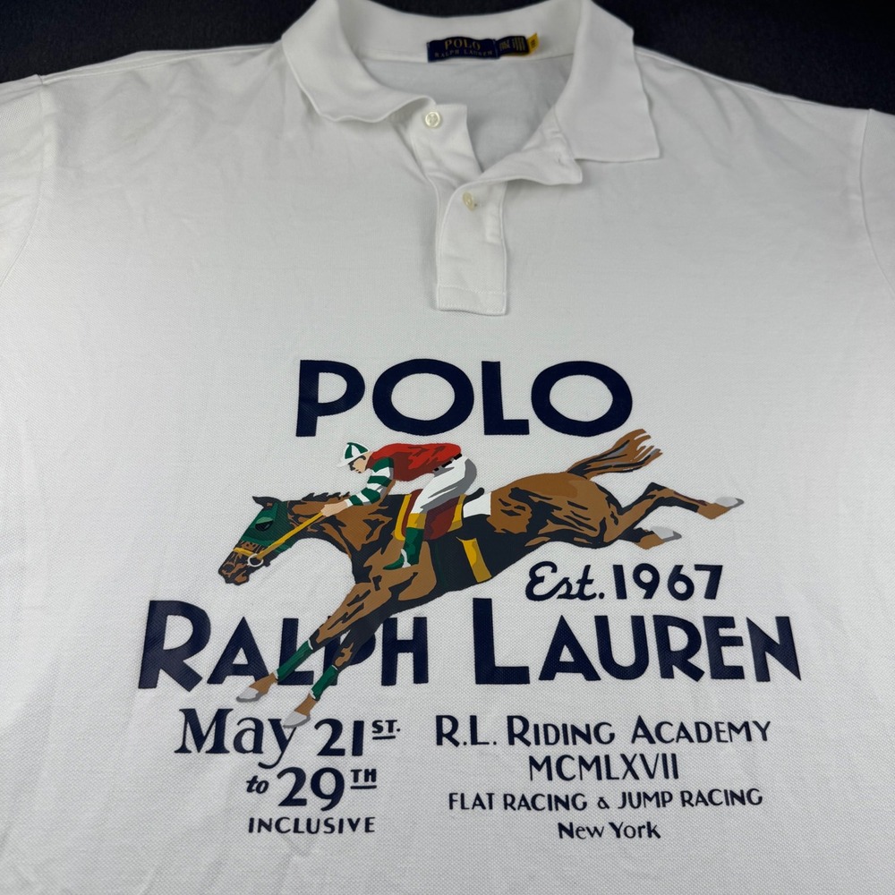 Polo Ralph Lauren Mens 2XLT White Riding Academy Equestrian Graphic Polo Shirt